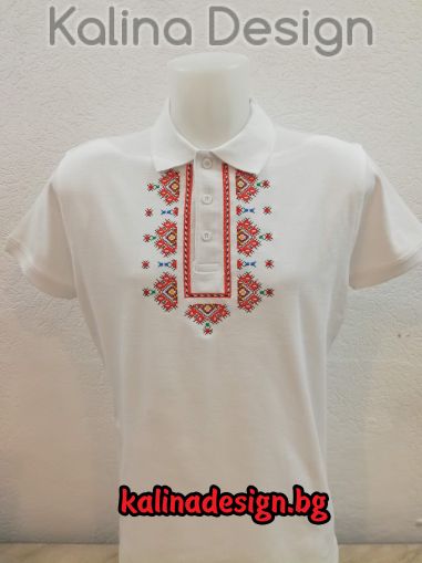 Мъжка риза поло пике с бродерия българска Шевица- бяла