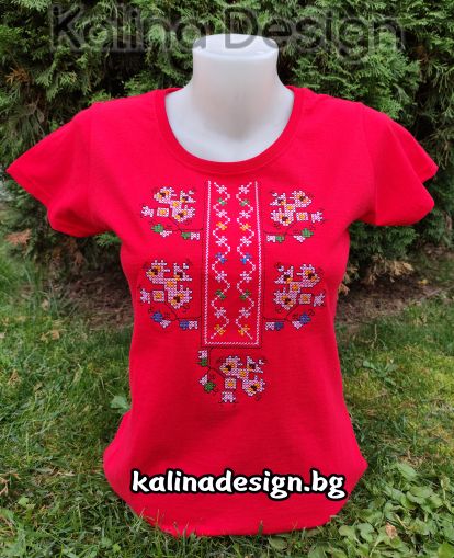 Тениска с бродерия българска Шевица - Габровска червена