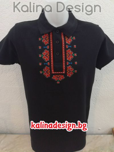 Мъжка риза поло пике с бродерия българска Шевица- черна