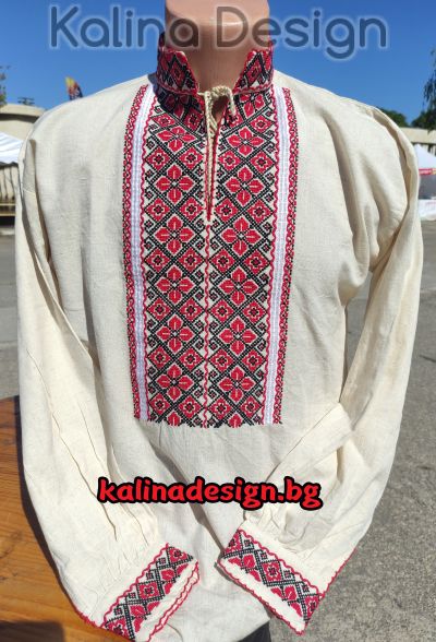 Мъжка  риза с бродерия  Шевица - ленена