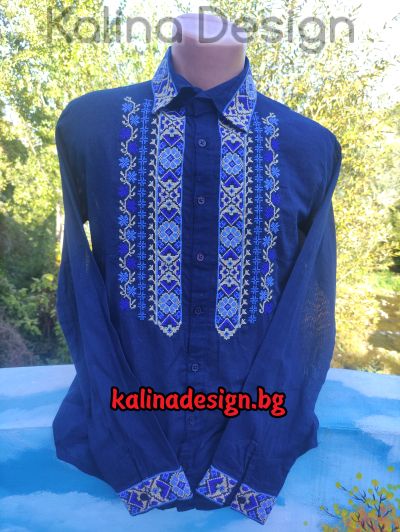 Мъжка памучна риза с бродерия  Шевица - модел 6